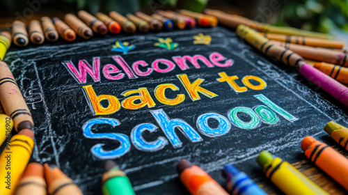 Colorful welcome back to school message written on a blackboard decorated with stars and vibrant colors, celebrating a new academic year