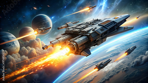 Futuristic spaceship attacking with powerful weapons, spacecraft, warship, space battle, laser cannons