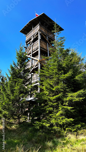 Wooden lookout tower on top of Czernica, Poland