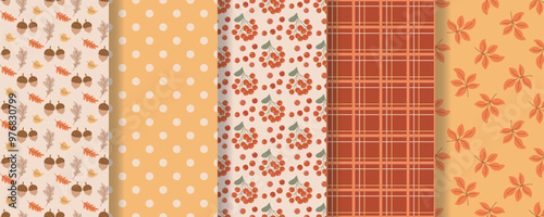 Cozy autumn seamless patterns set. Fall backgrounds with acorns, rowan berries, leaves, checkered and dotted. Autumn mood print collection for textile, paper, packaging and fabric, vector graphics