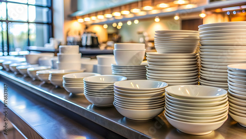 White cups and bowls neatly stacked in a coffee shop kitchen, white, cups, bowls, coffee shop, kitchen, stacked, neat