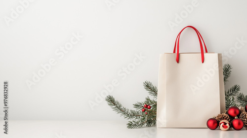 White paper shopping bag, Christmas decor next to it, white background, empty space for text.