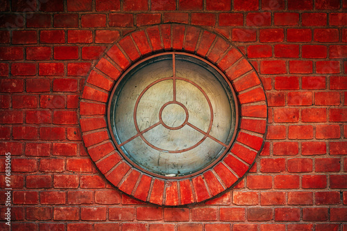 Round window, circular shaped window on a brick wall