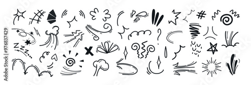 Anime emotion effects set. Line movement elements, comic emotive symbols. Hand drawn cute doodle emphasis, expression signs, action lines, exclamation marks. Manga cartoon boom explode, bomb explosion