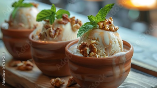 On a riverside vanilla frozen dessert with walnuts arrives in clay pots