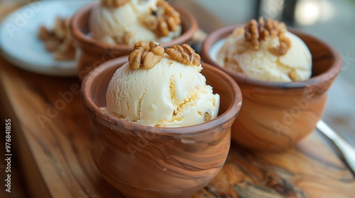 On a riverside vanilla frozen dessert with walnuts arrives in clay pots