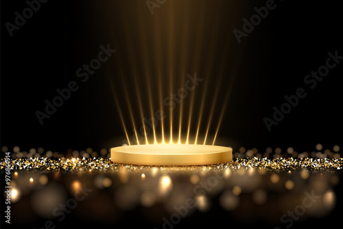 Gold award podium. Empty 3d golden stage with glowing light rays on glitter floor. Luxury product presentation, glamour design beauty industry, winner ceremony. Abstract vector illustration on black.