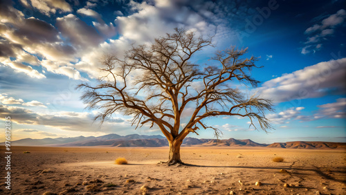 A dried-up, desolate tree stands in the arid desert landscape , barren, arid, dry, desert, dead, tree, landscape, drought, wasteland