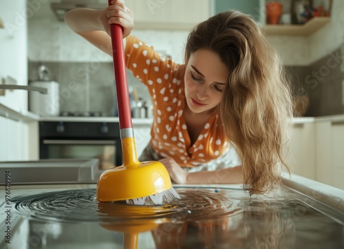 Woman Using Plunger to Unclog Kitchen Sink Drain in Modern Home Kitchen with Focused Expression