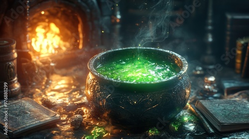 A cauldron with green potion in a shadowy room filled with spellbooks and enchanted artifacts.