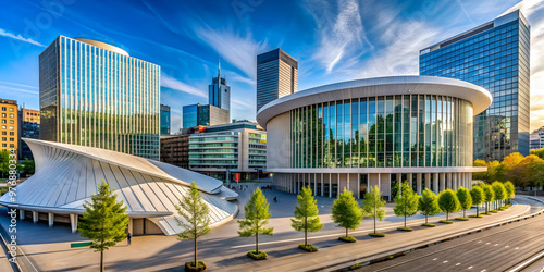 Cityscape of Philharmonie and modern office buildings in Luxembourg business district