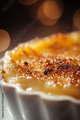 Close-up of a delicious creme brulee with a perfectly caramelized sugar topping.