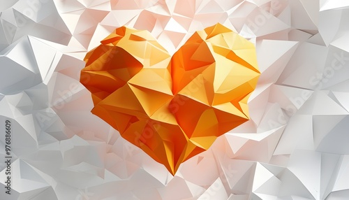 Elegant geometric heart in origami style with a rumpled triangular design against a white-orange gradient background