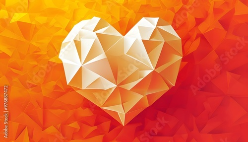 Elegant geometric heart in origami style with a rumpled triangular design against a white-orange gradient background