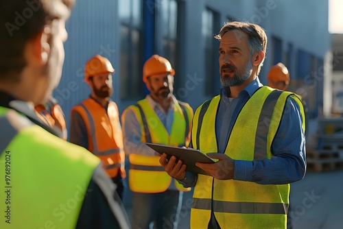 Safety meeting with construction workers at a job site in daylight