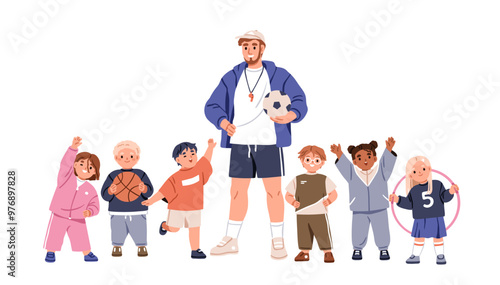 PE teacher with kids, physical education class. Elementary school PT, coach and children. Kindergarten boys and girls, sports training lesson. Flat vector illustration isolated on white background