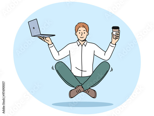 Meditating business man with laptop and coffee, floating in air sitting in lotus position. Businessman enjoys work and recommends meditation or yoga to increase productivity in business tasks