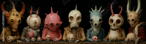 Group of Weird Scary Monster Creatures, Colorful Realistic Figurines on Black Background. Surreal Horror, Alien Animals, Angry Medieval Demons, Bizarre Mutants, Nightmare. Teeth, Eyes, Skulls, Horns