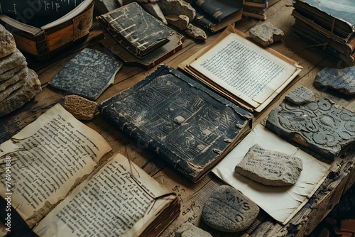 ancient texts and artifacts that linguists use to study the Nostratic language family. The scene includes ancient manuscripts, stone inscriptions, and early writing tools laid out on a wooden table. 