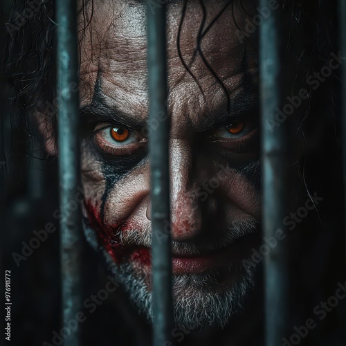 Mad serial killer behind bars, smirking menacingly, mental disorder and criminality concept