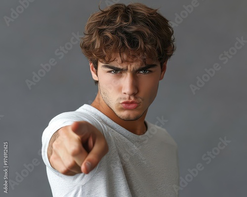 An angry young man pointing in accusation, engaged in a tense argument, standing alone against a gray backdrop, embodying the concept of blame.