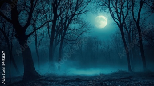 Gloomy foggy mysterious forest under a full moon at night