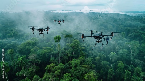 Drones equipped with AI mapping a dense rainforest to monitor deforestation.