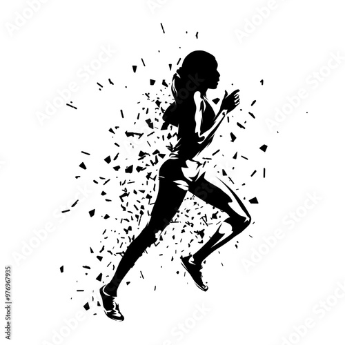 Run, running woman, isolated vector silhouette. Side view. Female runner