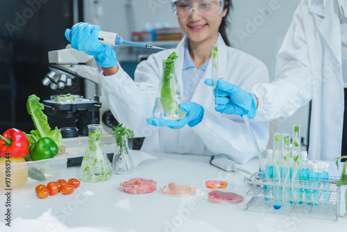 Two Asian women in a lab work on food research, using a microscope, petri dish, and test tubes filled with chemical solutions. They study vegetables, pork, and plants for GMO traits and nutrition.