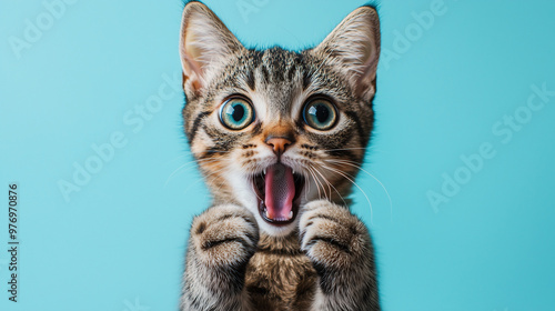 A surprised cat with its mouth wide open, placing both front paws on its face in shock, isolated on a simple background