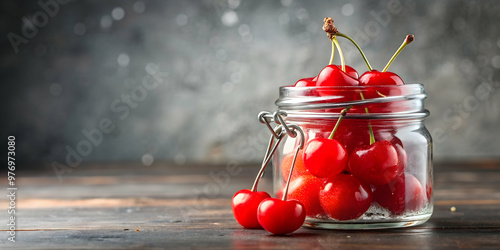 Sugary maraschino cherry in glass jar for snacking, maraschino, cherry, sweet, red, food, isolated, jar, glass, dessert, treat