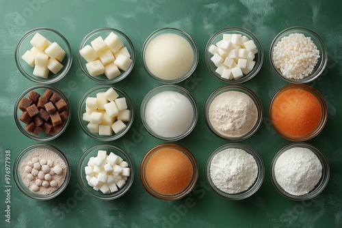 A row of bowls filled with various types of sugar and other sweet ingredients. The bowls are arranged in a neat row, with some containing granulated sugar