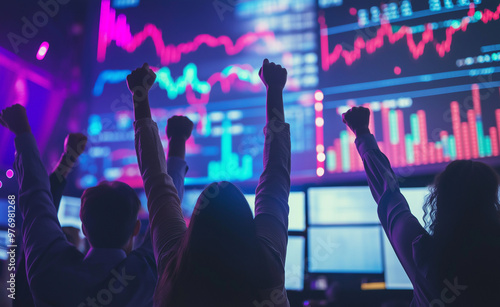 Excited traders celebrating a successful stock market rally in front of large screens with market data. 