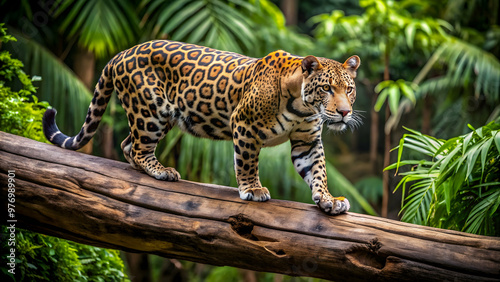 Jaguar cautiously crossing a fallen tree in the jungle, jaguar, wildcat, animal, wildlife, predator, tree, jungle, adventure