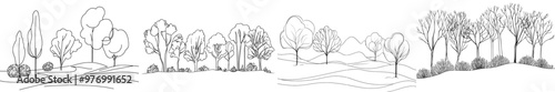 Drawing a continuous one line drawing of a green tree with a bush for a garden icon. The logo of a natural ecology park is hand drawn in a minimalist style.