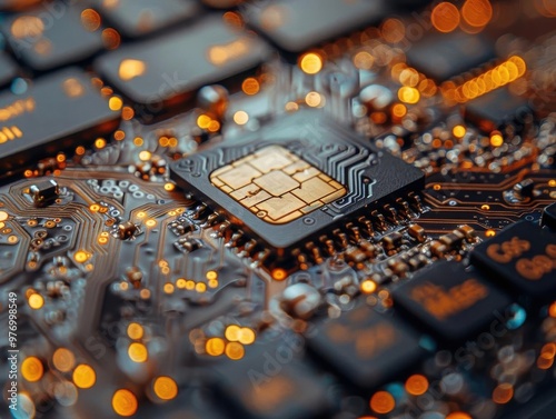 Close-up of a microchip on a circuit board with glowing lights, technology background depicting electronic hardware components and innovation.