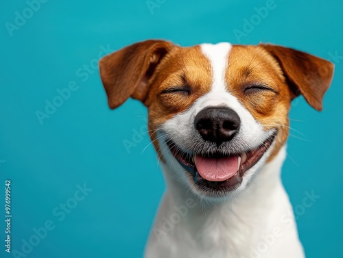 A smiling dog winking with eyes closed on a bright blue background, capturing a joyful puppy moment.