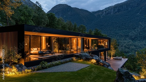 Modern Luxury Home on Mountainside with Night Lights