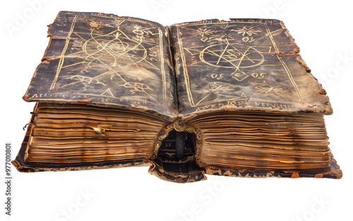 A creepy old book featuring mysterious symbols and ancient spells on its pages Isolated on Transparent Background PNG.