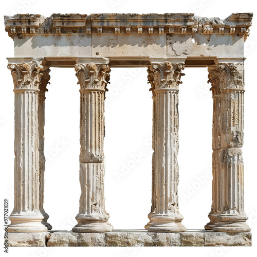 Four weathered ancient corinthian columns with richly carved capitals supporting a damaged architrave isolated on white with clipping path