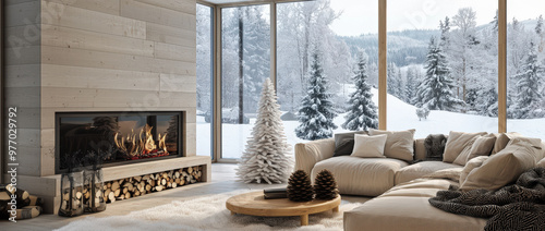 Amplion salon de estar de una casa en la montaña con vistas a un bosque nevado con abetos. El interior está decorado en tonos beiges suaves con chimenea encendida y arbol navideño