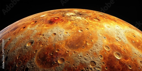 Calculatedly illuminated, rust-orange terrain of Mercury's cratered surface stretches towards the horizon, dominated by vast, dark basins and towering, rugged mountain ranges.