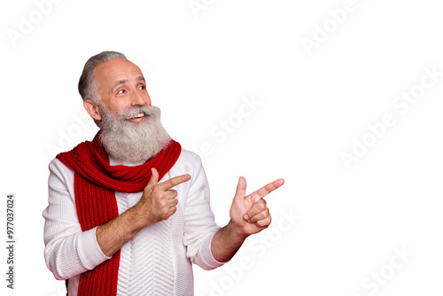 Portrait of his he nice attractive content cheerful cheery gray-haired man pointing two forefingers looking advert decision solution good idea isolated over bright vivid shine red background