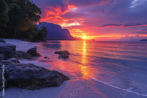 Purple Sunset beach palm Landscape. The tranquil allure of a pristine Thai beach