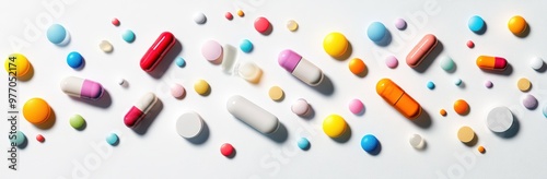 Colorful pills and tablets in various shapes scattered on a white surface creating a vibrant arrangement of pharmaceutical medications