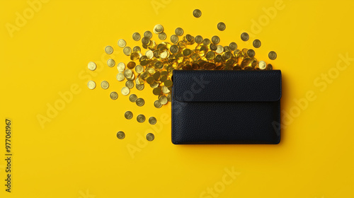 Pay day visual, golden coins spilling out of a wallet, wealth and prosperity, 3D illustration 