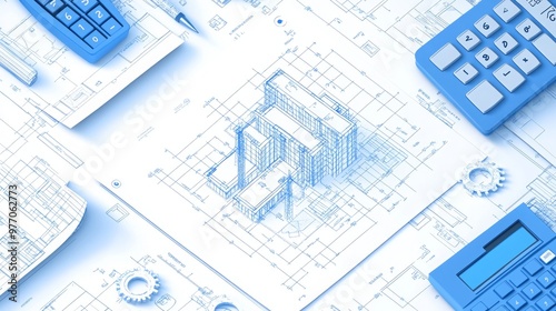 A modern banner background for cost estimation software in construction. Features subtle elements like blueprints, buildings, and technical drawings in soft blues, grays, and whites.