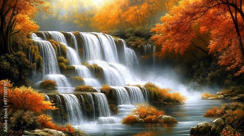 A beautiful waterfall cascades through a forest with vibrant autumn colors.