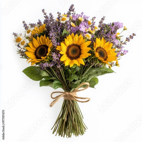 A vibrant bouquet featuring sunflowers, lavender, and wildflowers, tied together with twine against a clean background, perfect for brightening any space