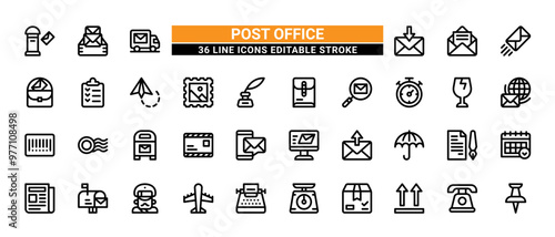 36 Post Office Line Icons Set Pack Editable Stroke Vector Illustration.